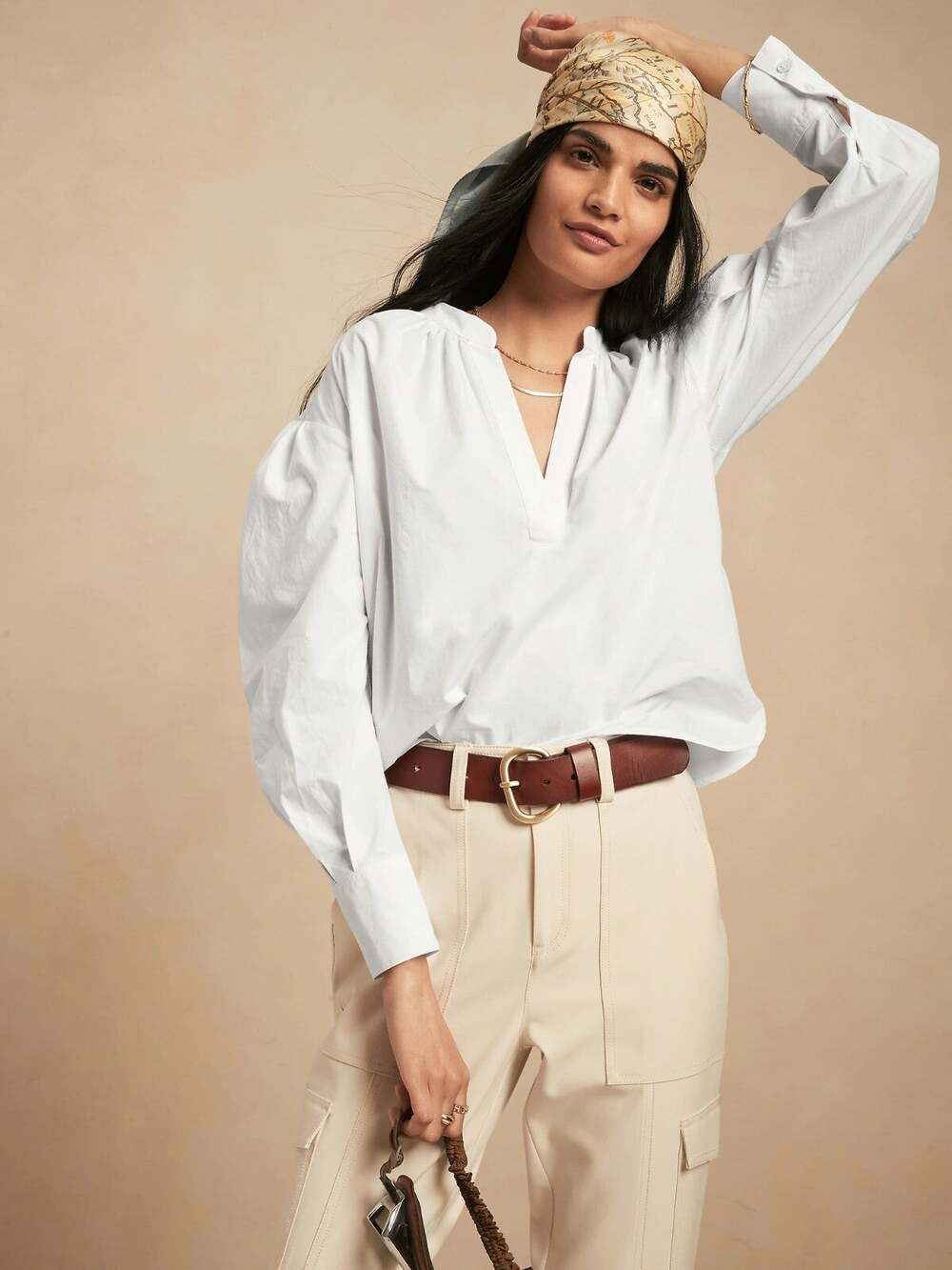 NWOT Banana Republic Poplin Bishop-Sleeve Top, White SIZE SP S P #746018 W0116H